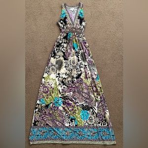 Size 12 long maxi dress. Pretty beaded (attached) belt with tie in back.